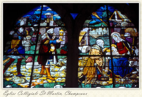 Three Wise Men Window, close up: glise Collgiale St-Martin, Champeaux