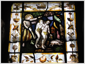 'Adam and Eve expelled' (16th c.), baptistry, Église St-Étienne, Beauvais click for full-size image