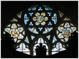 West window (13th-14th c. with modern glass) above organ, Abbaye St-Martin, Laon click for full-size image