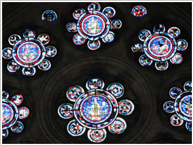 North transept 'Liberal Arts' window (after 1180), upper panels, Laon Cathedral click for full-size image