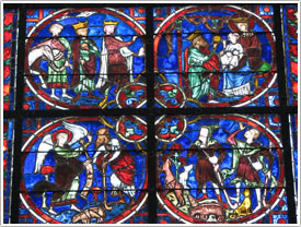 East end 'Nativity' window (c. 1220), Announcement to the Shepherds & Adoration of the Magi (detail), Laon Cathedral click for full-size image