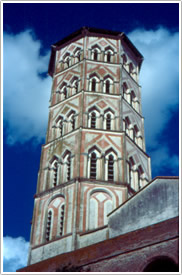 Five-tiered octagonal belfry (c. 1346), from west, Lombez Cathedral