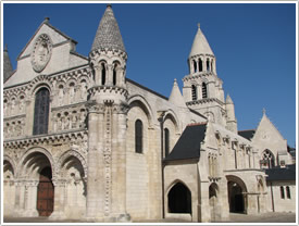 View from southwest with two porches & central bell tower, Notre-Dame-la-Grande, Poitiers