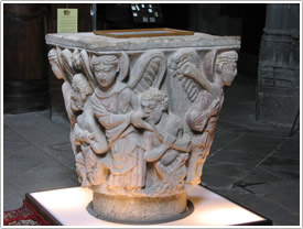 'Four Angels of Revelation closing mouths,' Romanesque capital (12th c.), in chancel, &Eacute;glise Abbatiale St-Pierre, Mozac