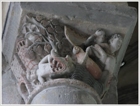 'Story of Jonah,' on south aisle column, &Eacute;glise Abbatiale St-Pierre, Mozac