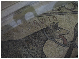 Mosaic of hunting scene in choir (12th c.), Lescar Cathedral