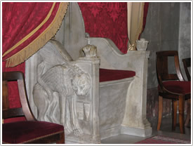 White marble episcopal throne (12th c.) in north choir, Avignon Cathedral