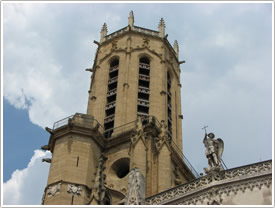 Octagonal tower (15th c.) & angel on west front, Aix-en-Provence Cathedral
