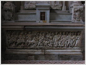 'Crossing the Red Sea,' altar sarcophagus (4th c.), north transept, Arles Cathedral