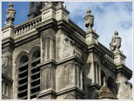 West front tower (1512-1686) from northeast (closeup), &Eacute;glise St-Pierre, Douai