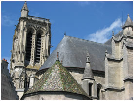 South tower, south transept & oblique chapel from southwest, Soissons Cathedral