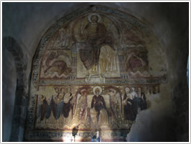 'Christ surrounded by symbols of the Four Evangelists,' refectory mural (12th c.), Lavaudieu Abbey click for full-size image