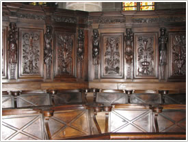 Choir stalls (1692), north side, Mende Cathedral click for full-size image