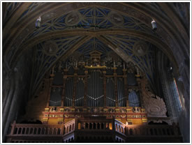 Organ buffet (1523) & vault at west end, Lavaur Cathedral click for full-size image