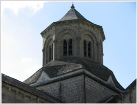 Octagonal tower (12th c.) from southeast, Aubazines Abbey click for full-size image