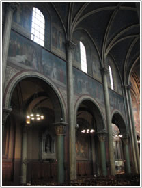 Nave elevation, north side (late 11th c.) with murals (Flandrin, 1842-64), St-Germain-des-Prés, Paris click for full-size image