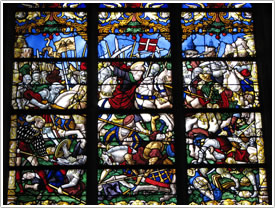 1st north nave window, center panels, 'The Battle of St-Jacques' (1525), Notre-Dame-en-Vaux, Châlons-en-Champagne click for full-size image