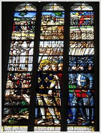 'The Embarcation of St-Louis to Aigues-Morte,' center panes, bay 2 (16th c.), Sainte-Chapelle St-Louis, Champigny-sur-Veude click for full-size image