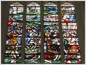 'The Battle of Al Mansurah,' center panes, bay 5 (16th c.), Sainte-Chapelle St-Louis, Champigny-sur-Veude click for full-size image