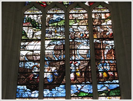 'The Return of the Crusade,' center panes, bay 8 (16th c.), Sainte-Chapelle St-Louis, Champigny-sur-Veude click for full-size image