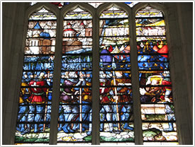 'The Death of St-Louis,' center panes, bay 10 (16th c.), Sainte-Chapelle St-Louis, Champigny-sur-Veude click for full-size image