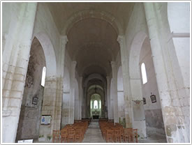 Nave looking east with barrel vault (12th c.), St-Blaise, La Celle (near Bourges) click for full-size image