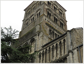 Ste-Croix bell-tower (1115-35) from southeast with old priory ruins, Notre-Dame, La Charité-sur-Loire click for full-size image