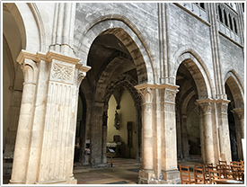 North nave arcade with Romanesque pillars & capitals (early 12th c.), Chalon-sur-Saône Cathedral click for full-size image