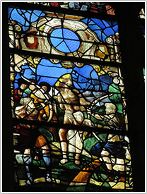 Life of St-Sébastien window, upper panel (16th c.), Chapelle St-Jean-l'Evangéliste (detail), St-Jean-Baptiste, Chaource click for full-size image